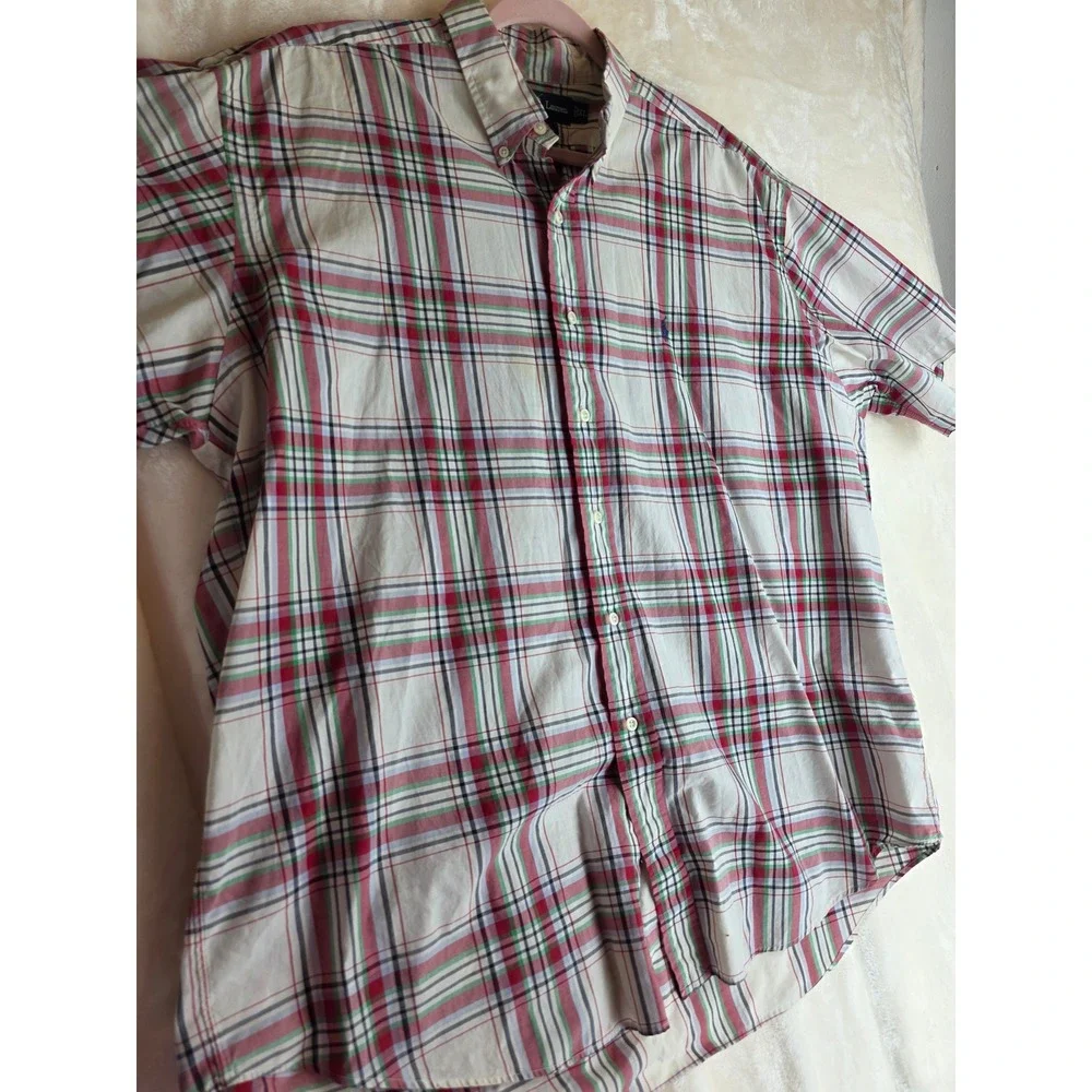 Ralph Lauren Blake Plaid Short Sleeve Button Down‎ Shirt Men XL Cream Red Green